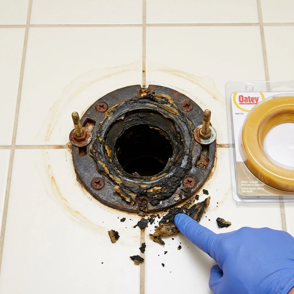 Failed wax ring showing water seepage at the base of a toilet in a Seneca, KS home